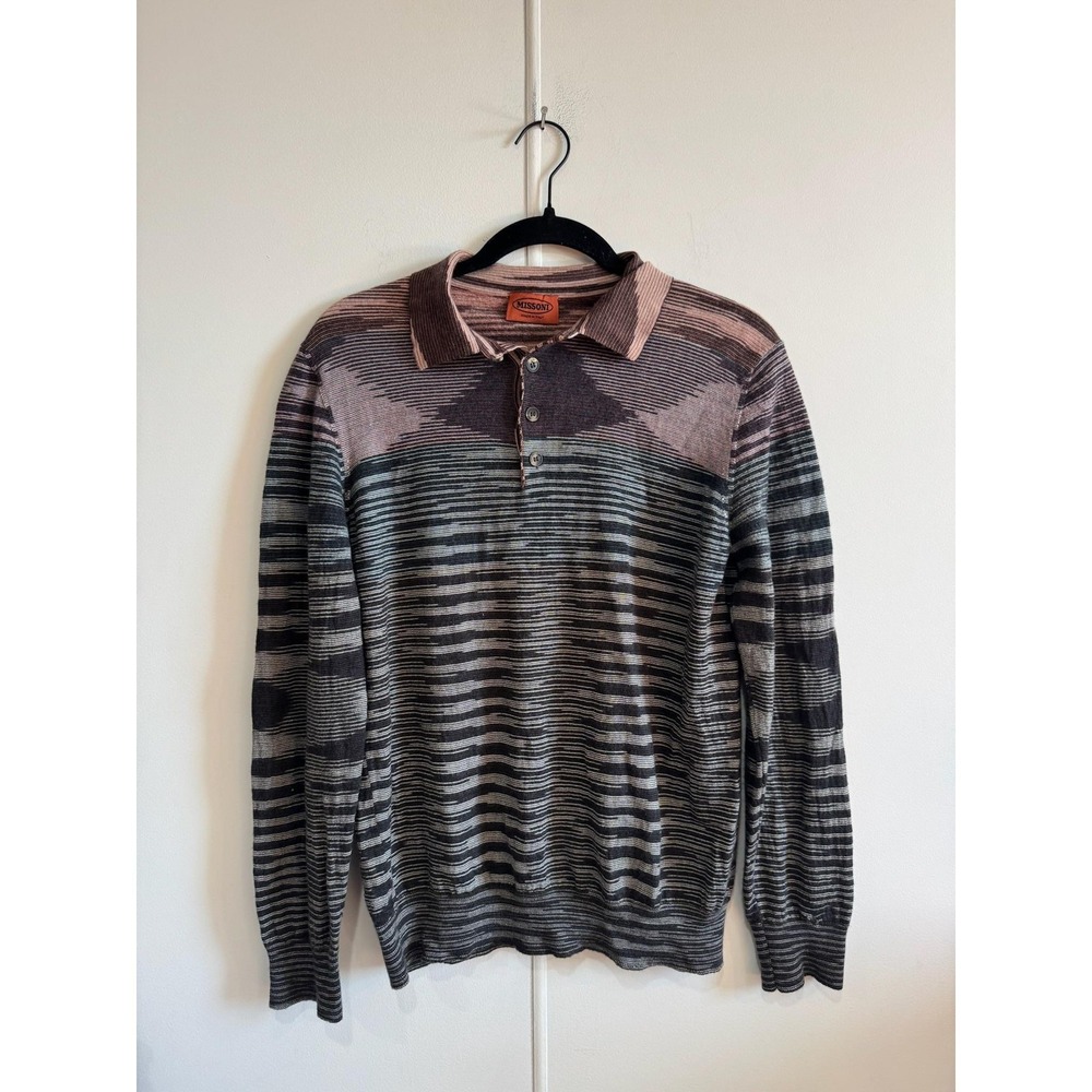Missoni Sweater Mens Small Multicolor Wool Striped Knit Collared Pullover Italy
